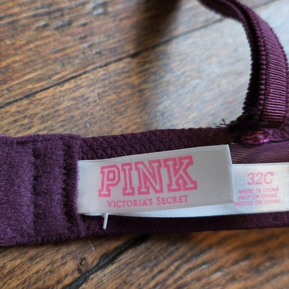 NEW 32C PINK VICTORIAS SECRET plum|purple floral lace date night push up bra - Picture 5 of 7